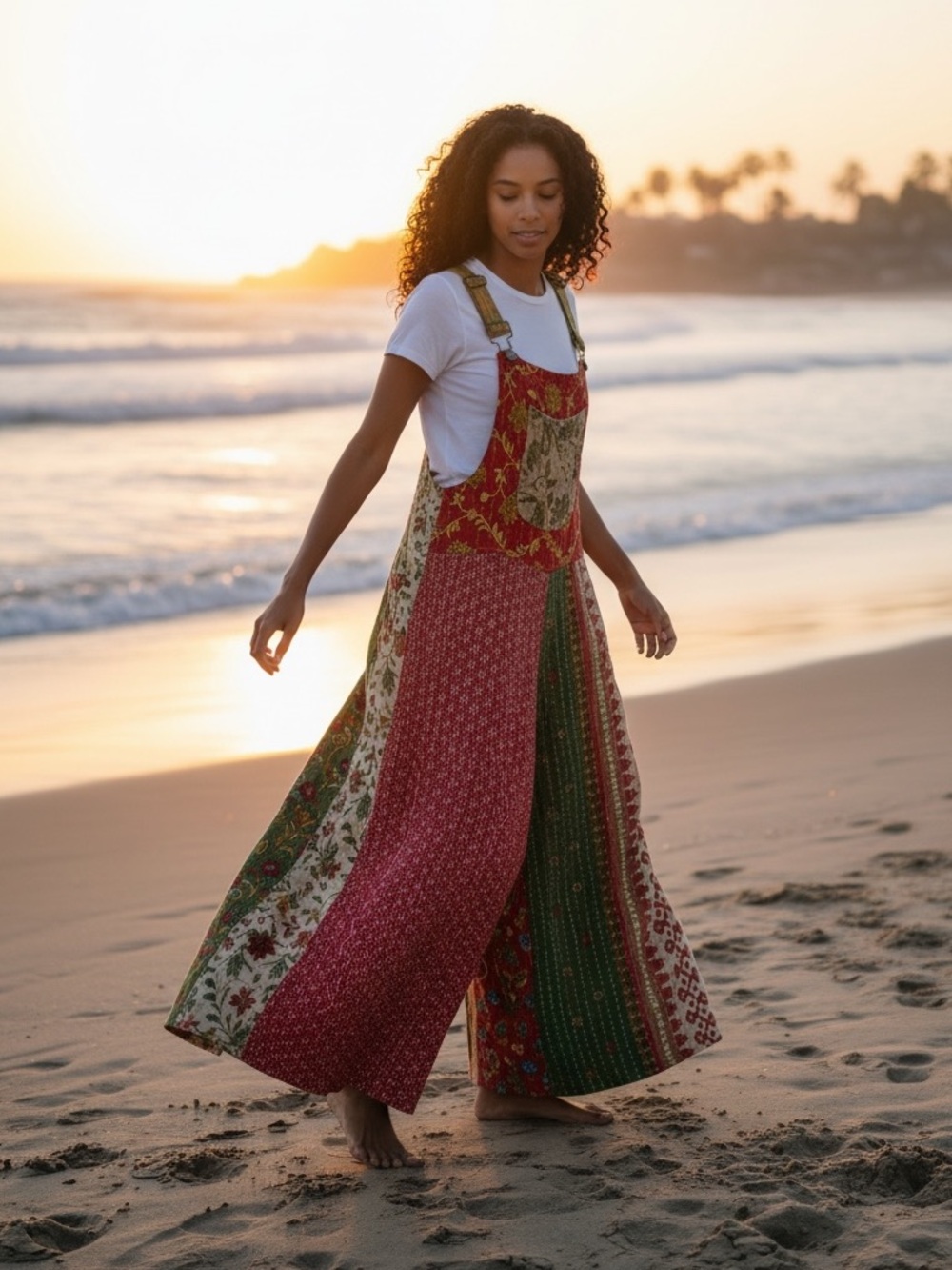 Boho Patchwork Maxi Pinafore Dress - White T-Shirt Layered